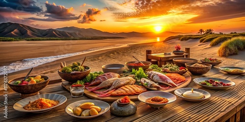 Fototapeta Naklejka Na Ścianę i Meble -  Tottori Sand Dunes Sunset: Delicious Seafood Dinner