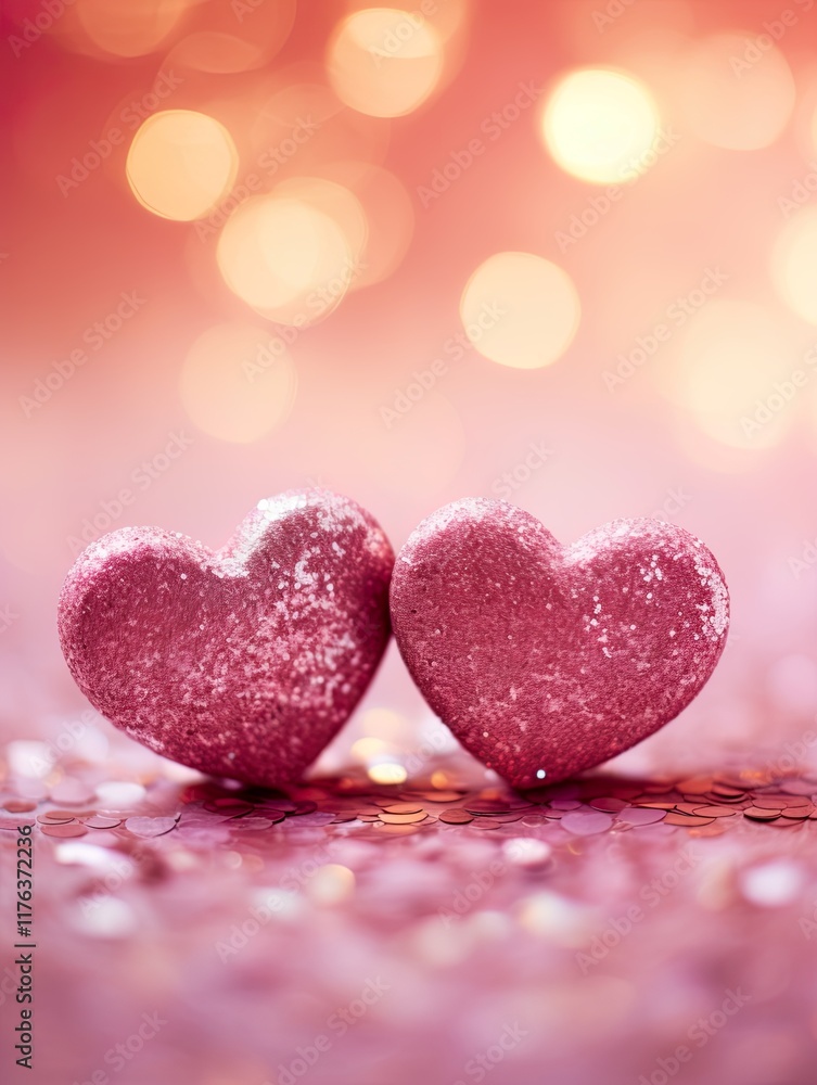 Fototapeta premium Valentines day festive background with two hearts In Shiny Background Valentine's Day glitter background
