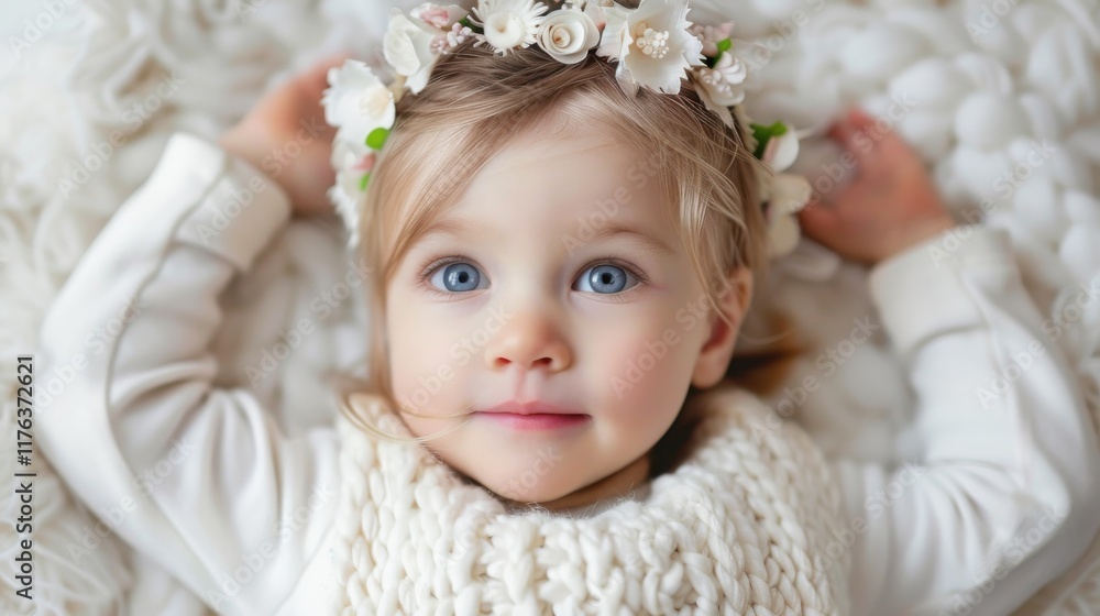 Cute little girl with a floral crown wearing a cozy white sweater, lying on a soft textured background, showcasing innocence and charm in natural light. Cute little girl with a floral crown wearing a cozy white sweater, lying on a soft textured background, showcasing innocence and charm in natural light.