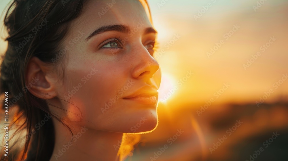 Serene Portrait of Young Woman Looking Towards a Beautiful Sunset with Soft Light Enhancing Her Features in a Natural Outdoor Setting Serene Portrait of Young Woman Looking Towards a Beautiful Sunset with Soft Light Enhancing Her Features in a Natural Outdoor Setting