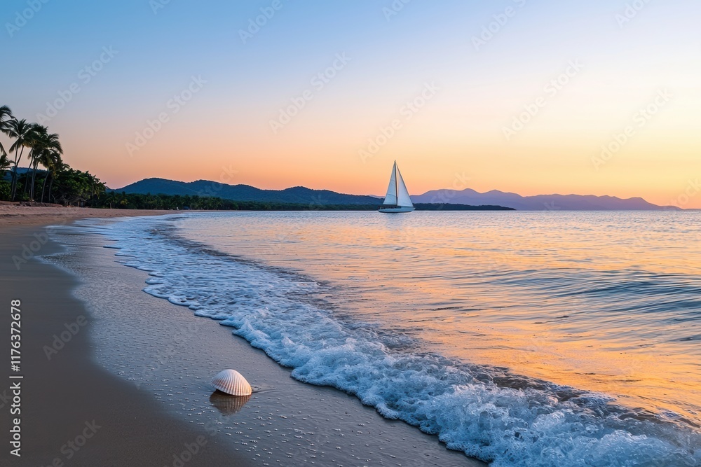 Obraz premium Serene Beach Scene at Sunset with Sailboat and Shell on Sand
