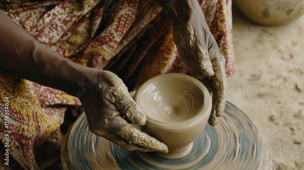 Pottery making in rural village artisan sculpting clay bowls traditional craftsmanship natural environment close-up view Pottery making in rural village artisan sculpting clay bowls traditional craftsmanship natural environment close-up view