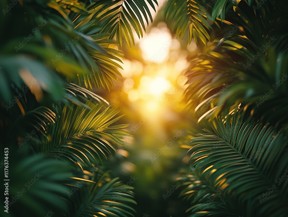 A serene view through lush green leaves, capturing sunlight filtering through a tropical forest. A serene view through lush green leaves, capturing sunlight filtering through a tropical forest.