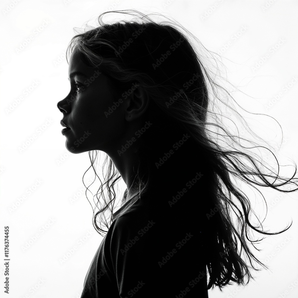 Silhouette of a girl with flowing hair in profile against a white background Silhouette of a girl with flowing hair in profile against a white background