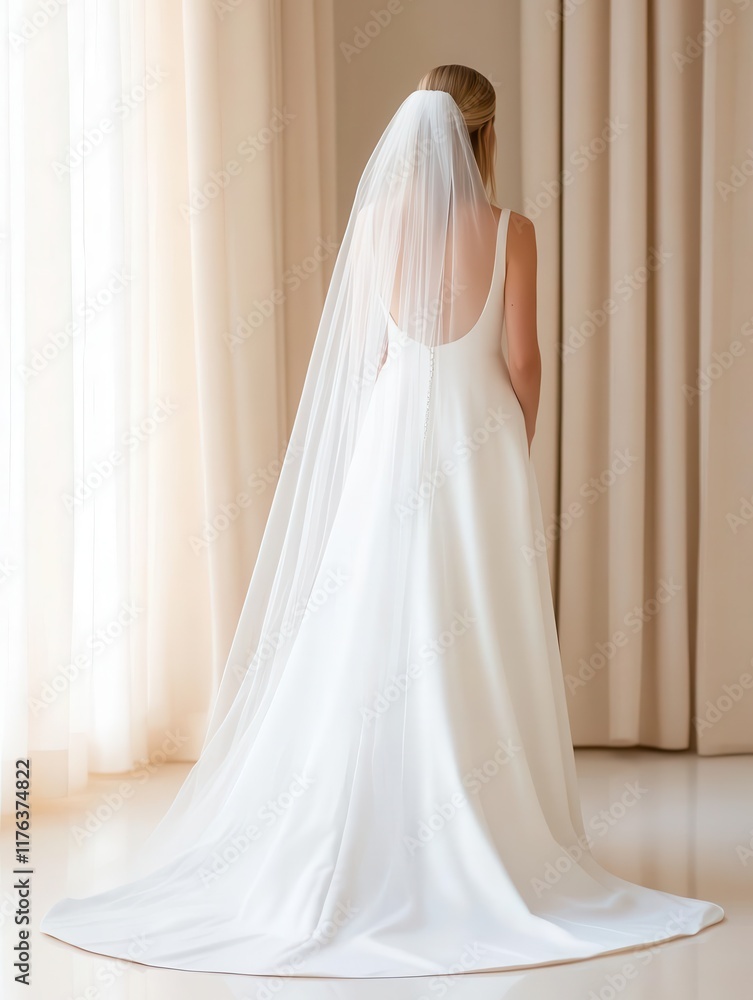 The bride stood by the large window, her veil and dress illuminated by sunlight, creating a serene bridal portrait. The bride stood by the large window, her veil and dress illuminated by sunlight, creating a serene bridal portrait.