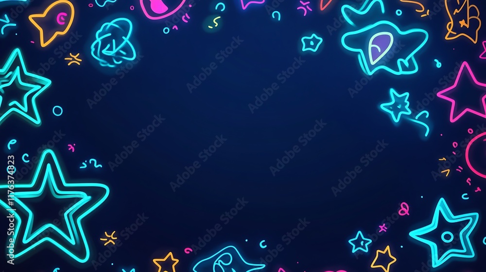 Neon Stars Rockets and Space Elements Frame a Dark Blue Background Neon Stars Rockets and Space Elements Frame a Dark Blue Background