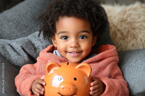 A smiling child holds a piggy bank, promoting savings and financial literacy. photo