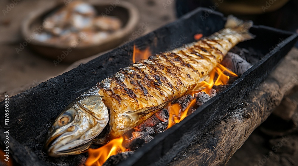 Grilled fish cooking over open fire on rustic grill. Grilled fish cooking over open fire on rustic grill.