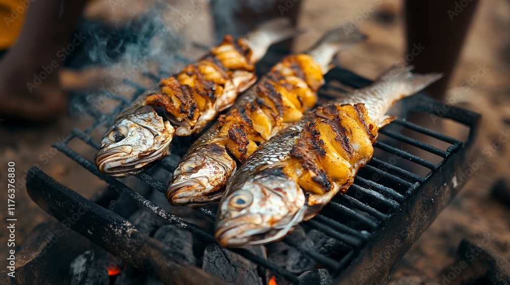 Three grilled fish with lemon slices on a beach barbecue. Three grilled fish with lemon slices on a beach barbecue.