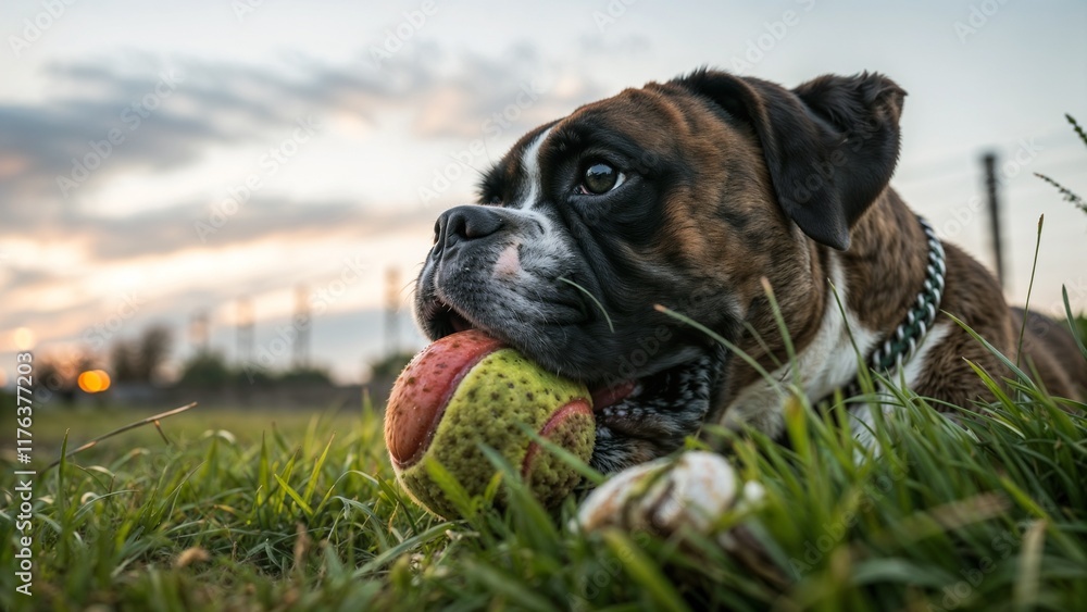 Boxer dog playing with a ball on green grass at sunset, close-up view Boxer dog playing with a ball on green grass at sunset, close-up view