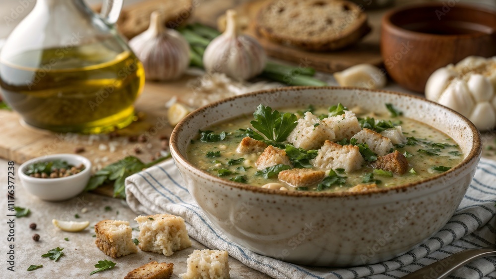 Açorda soup with garlic, herbs, and croutons in a rustic bowl, surrounded by ingredients Açorda soup with garlic, herbs, and croutons in a rustic bowl, surrounded by ingredients