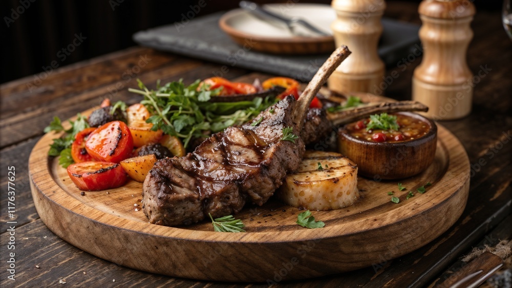 Grilled alpaca meat served with roasted vegetables and sauce on a wooden platter Grilled alpaca meat served with roasted vegetables and sauce on a wooden platter