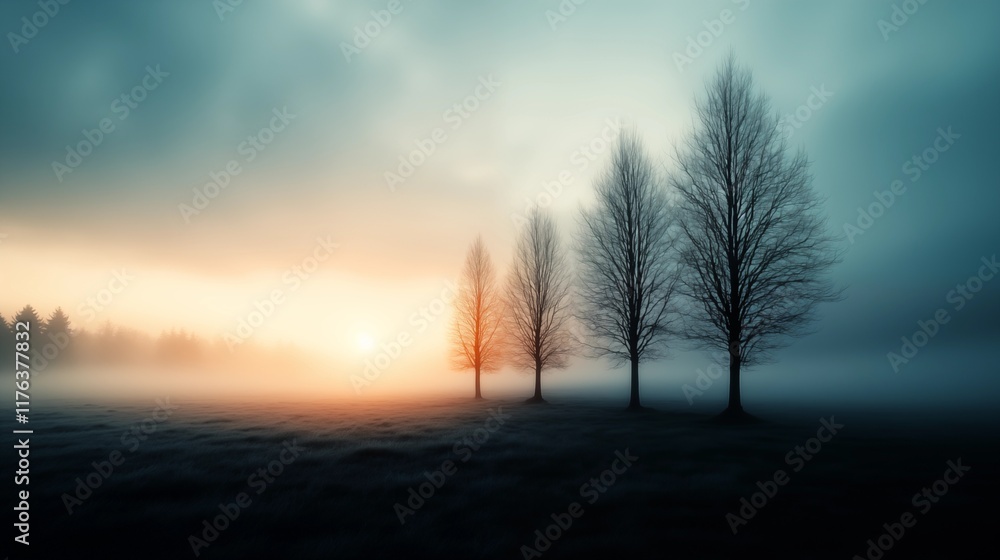 Obraz premium Foggy Winter Sunrise with Silhouetted Trees