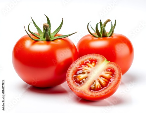 Three Fresh Tomatoes, One Sliced Open photo