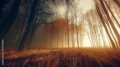 Serene Forest with Golden Light and Winter Atmosphere