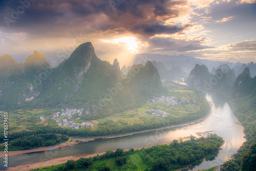 Fotografija Panoramic sunrise over the Karst mountain natural landscape from Xianggong Mount