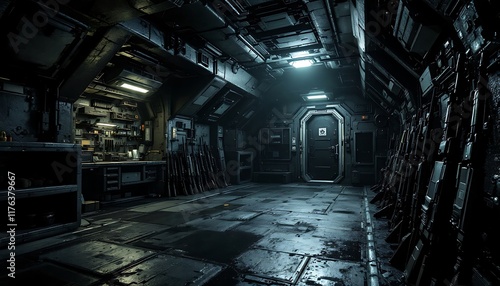 Dark Sci-Fi Corridor: Futuristic Spaceship Interior