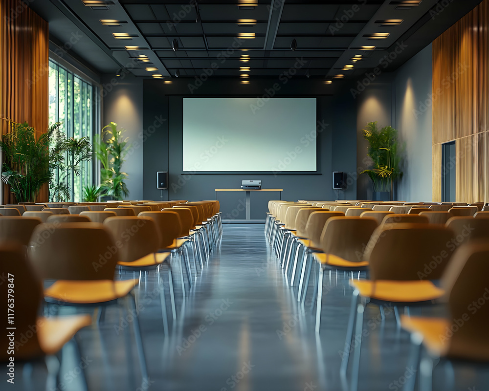 Modern Conference Room 3D Illustration: Empty Auditorium with Projector Screen Modern Conference Room 3D Illustration: Empty Auditorium with Projector Screen