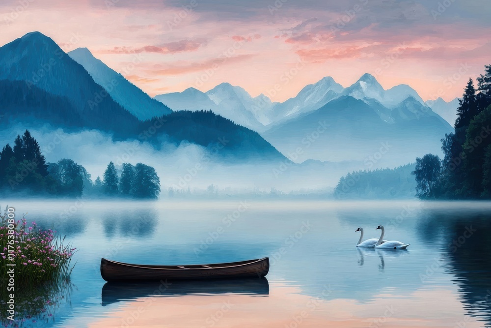 Serene Lake Landscape with Canoe and Swans at Dawn in Mountains Serene Lake Landscape with Canoe and Swans at Dawn in Mountains