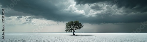 A visual metaphor of solitude represented by a single tree in the middle of an endless