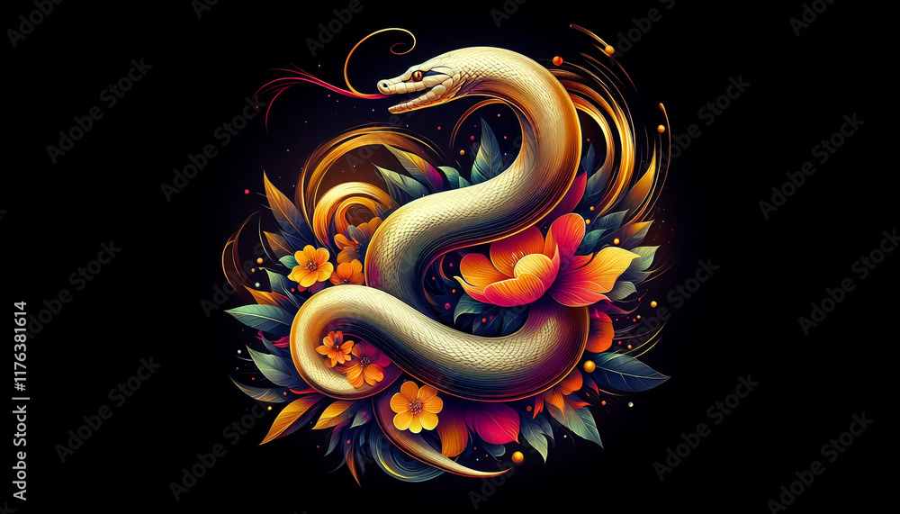 Fototapeta premium An artistic snake illustration with a sleek body, surrounded by a swirling golden aura and vibrant flowers, showcasing a sense of movement and grace