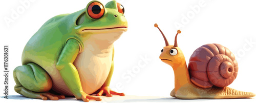 Vector image of a very fat and cute frog looking surprised to see a small snail.