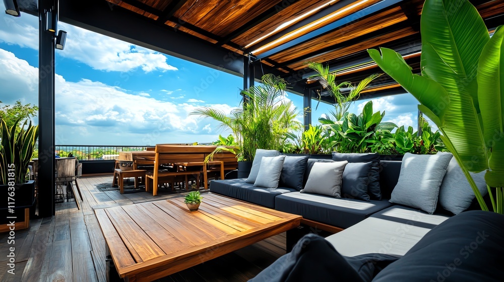 Fototapeta premium Rooftop garden in a boutique hotel with lush plants, wooden furniture, and breathtaking views for ecoconscious guests