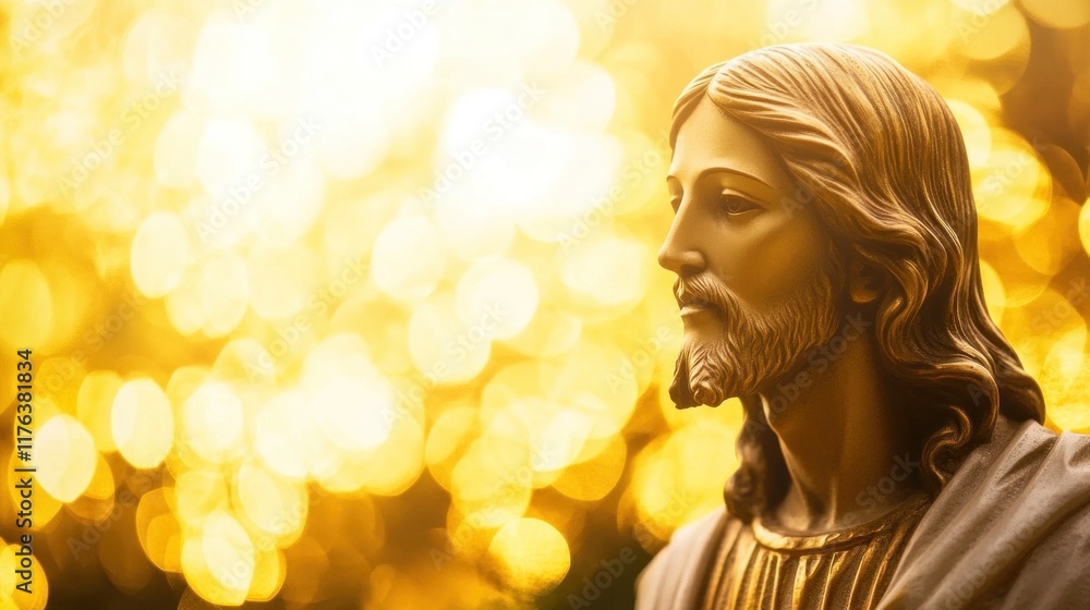 A serene statue of Jesus Christ, illuminated by a glowing golden bokeh background, perfect for spiritual banners or religious designs A serene statue of Jesus Christ, illuminated by a glowing golden bokeh background, perfect for spiritual banners or religious designs