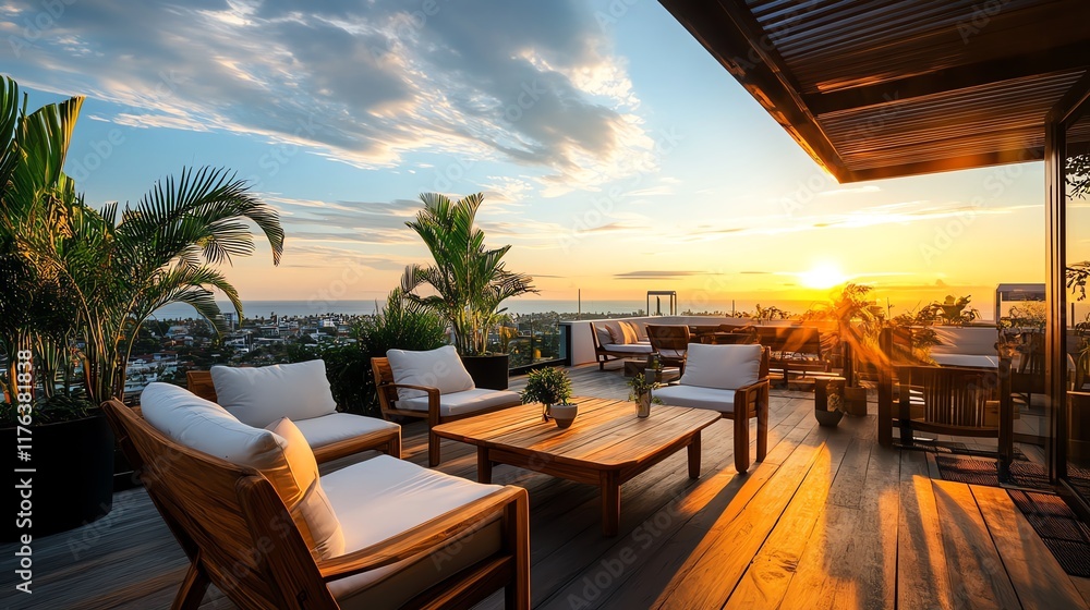 Fototapeta premium Rooftop garden in a boutique hotel with lush plants, wooden furniture, and breathtaking views for ecoconscious guests