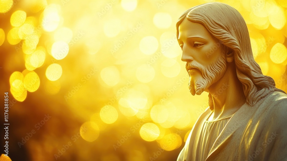 A serene statue of Jesus Christ, illuminated by a glowing golden bokeh background, perfect for spiritual banners or religious designs A serene statue of Jesus Christ, illuminated by a glowing golden bokeh background, perfect for spiritual banners or religious designs
