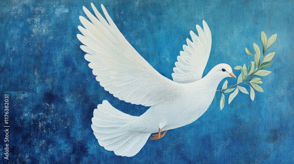 Fototapeta premium A serene white dove carrying an olive branch in its beak, wings open wide, floating against a peaceful blue background banner