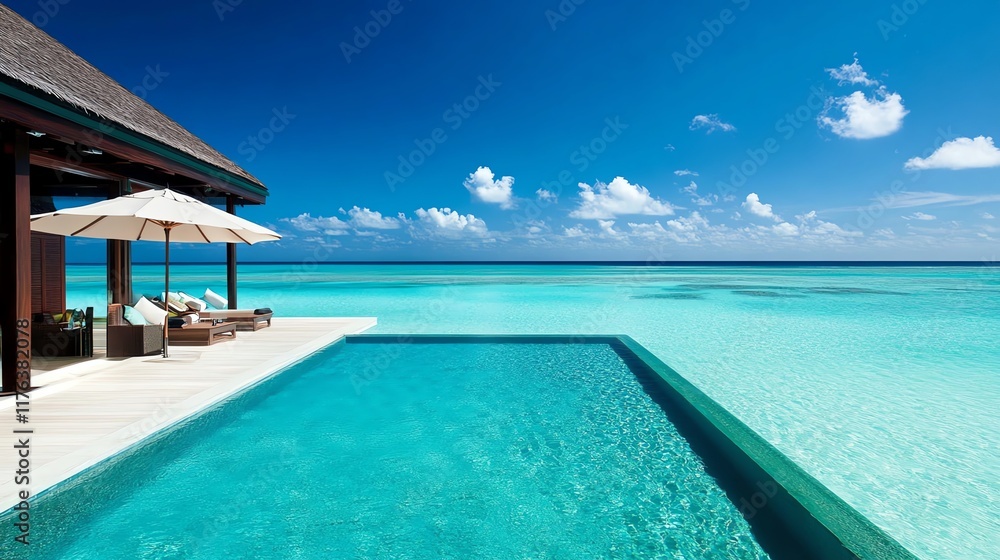 Fototapeta premium Seaside resort with private cabanas and turquoise water, ideal for a luxury tropical getaway