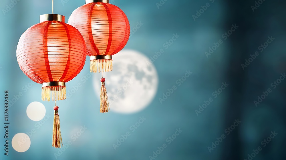 Fototapeta premium Enchanting red paper lanterns with delicate golden tassels gently swaying in the night sky creating a serene and atmospheric scene against the backdrop of a softly lit full moon