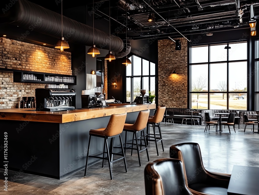 Fototapeta premium Urban boutique inn with industrialstyle decor, exposed brick walls, and trendy coffee shop in the lobby