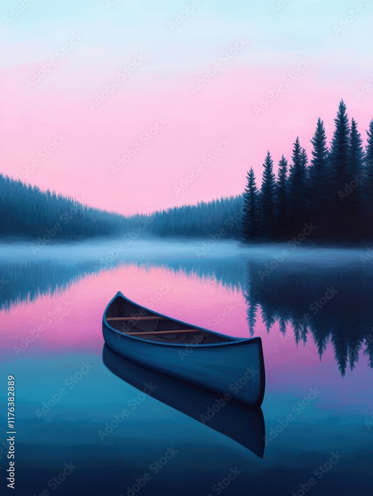 Serene Canoe on Tranquil Lake at Sunrise with Gentle Hues