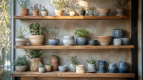 Wallpaper Mural Rustic wooden shelves display various potted plants and ceramic containers. Torontodigital.ca