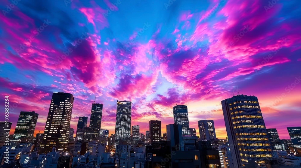Fototapeta premium Vibrant Sunset Over Urban Skyline with Colorful Clouds