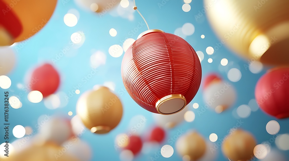 Glowing red and gold lanterns hanging in harmony creating a vibrant and festive atmosphere as part of a cultural or traditional holiday Glowing red and gold lanterns hanging in harmony creating a vibrant and festive atmosphere as part of a cultural or traditional holiday