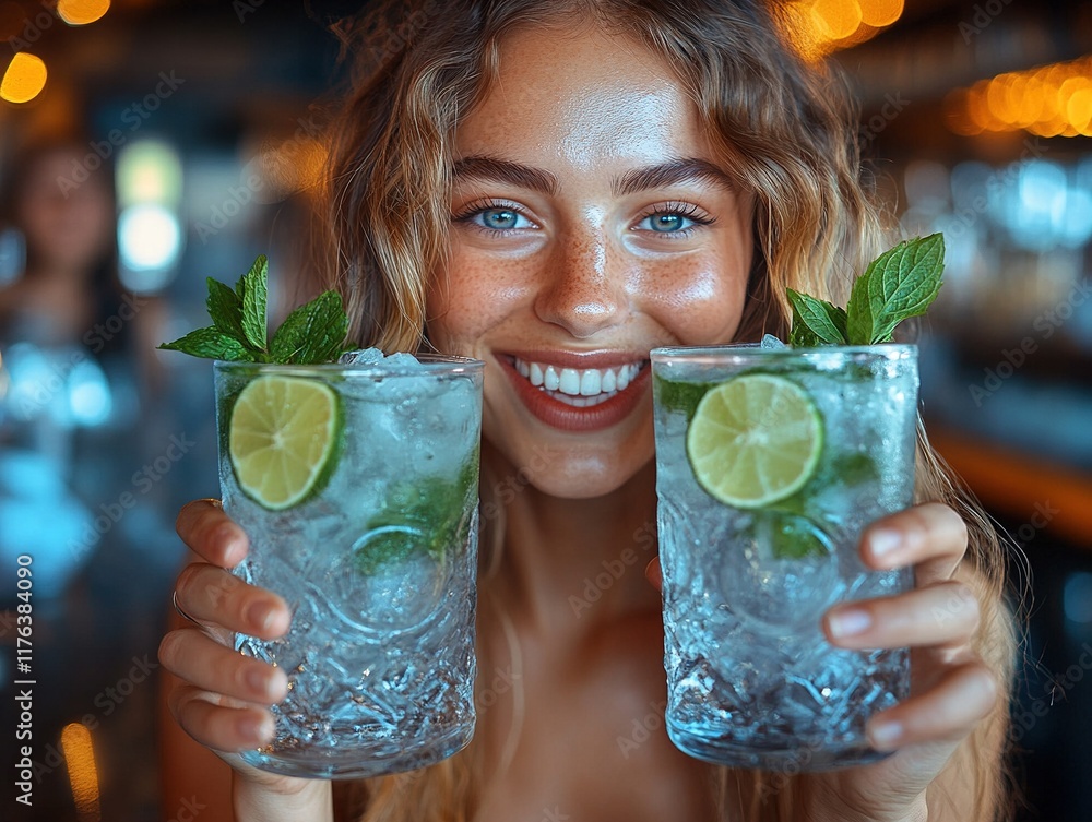 Fototapeta premium A smiling woman holds two refreshing drinks with mint and lime in a lively bar setting.