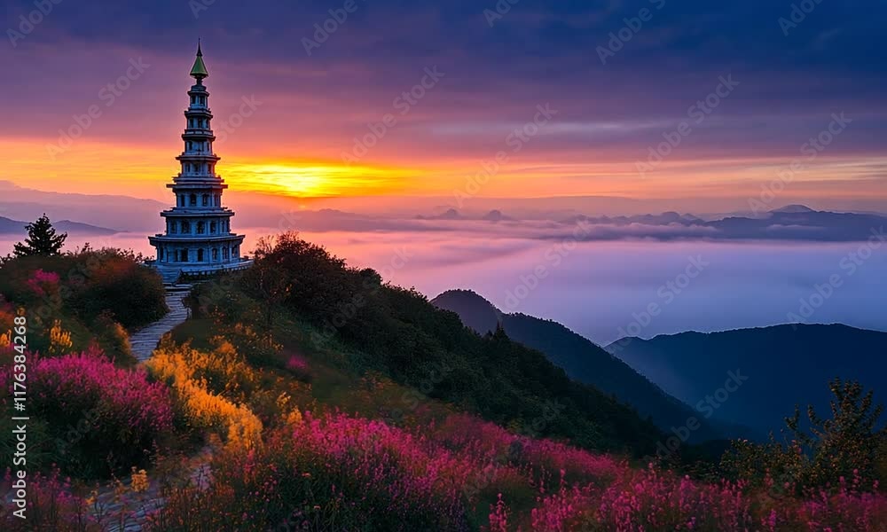 Scenic sunset over mountains with a pagoda and vibrant flowers. Scenic sunset over mountains with a pagoda and vibrant flowers.