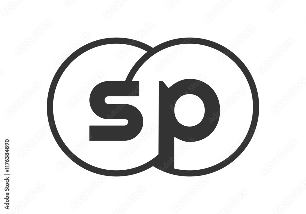 SP business company emblem with outline rounds and letters s p. Logo template of two merged circles for brand identity, logotype. Vector Infinity symbol SP business company emblem with outline rounds and letters s p. Logo template of two merged circles for brand identity, logotype. Vector Infinity symbol