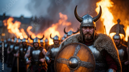 viking Up Helly Aa Parade, spectators fill the streets lined with burning torches, Viking costumes with horned helmets and shields gleam in the firelight photo