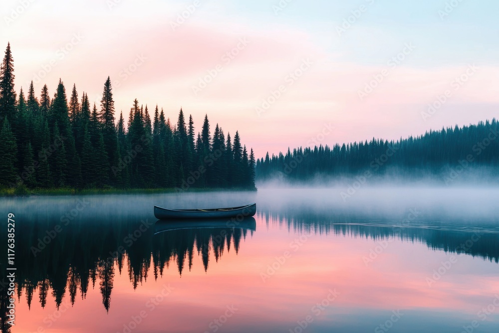 Fototapeta premium Tranquil Lake at Dawn with Mist and Silent Canoe Reflection