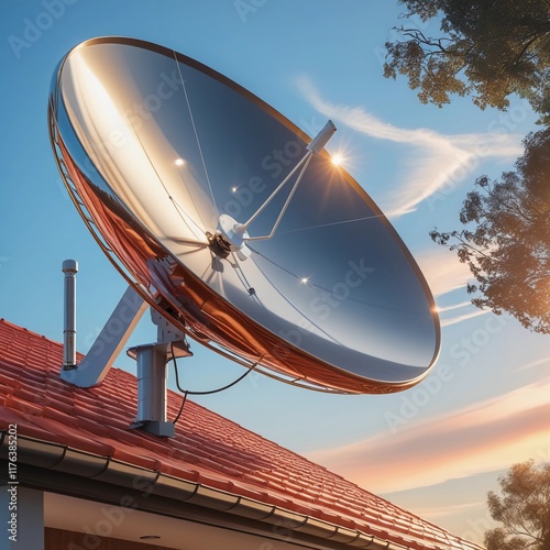 Modern Dish Antenna on Rooftop with Bright Sun Gazing, Blue sky and clouds photo