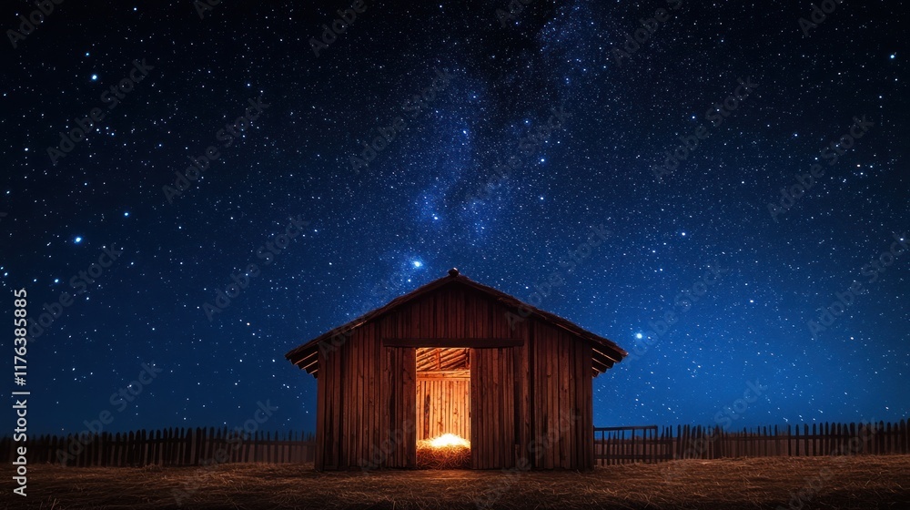 A tranquil wooden stable beneath a vibrant starry night, softly glowing from within, representing the birth of Jesus with copy space for banners A tranquil wooden stable beneath a vibrant starry night, softly glowing from within, representing the birth of Jesus with copy space for banners