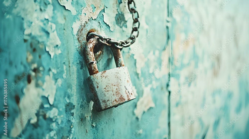 Law restriction on access urban area lock and chain grungy environment close-up security concerns Law restriction on access urban area lock and chain grungy environment close-up security concerns