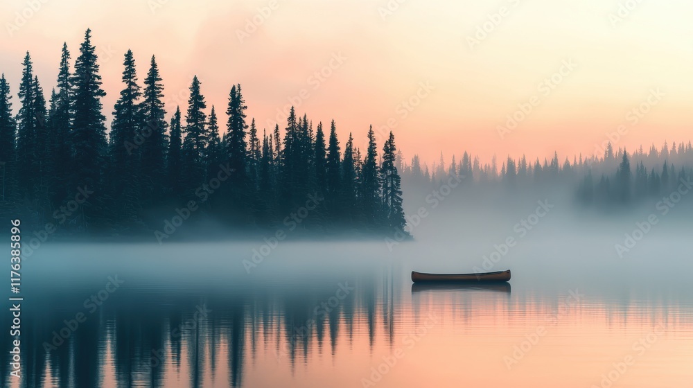 Fototapeta premium Serene Lakeview at Dawn with Canoe and Misty Pine Forest Reflections