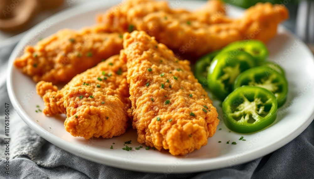 Crispy Fried Chicken Strips with Fresh Jalape�o Slices Ready to Enjoy Crispy Fried Chicken Strips with Fresh Jalape�o Slices Ready to Enjoy
