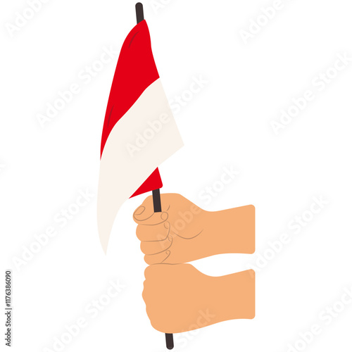 Hands Holding Indonesian Flag Isolated on White Background. Flat Vector Illustration.