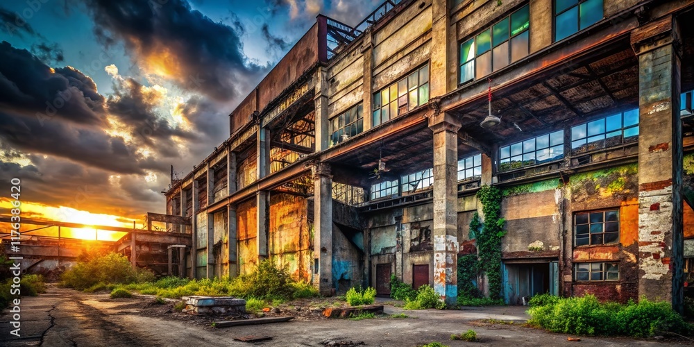 Fototapeta premium Urban Decay: Gritty Industrial Scene, Abandoned Building, Rust, Metal, Concrete, Graffiti
